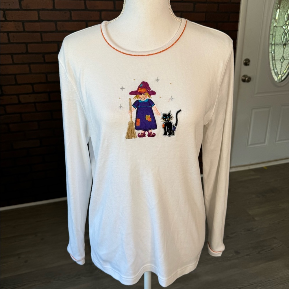 Studio Treat Halloween Witch Shirt Medium White Embroidered Cat Fall‎ Top